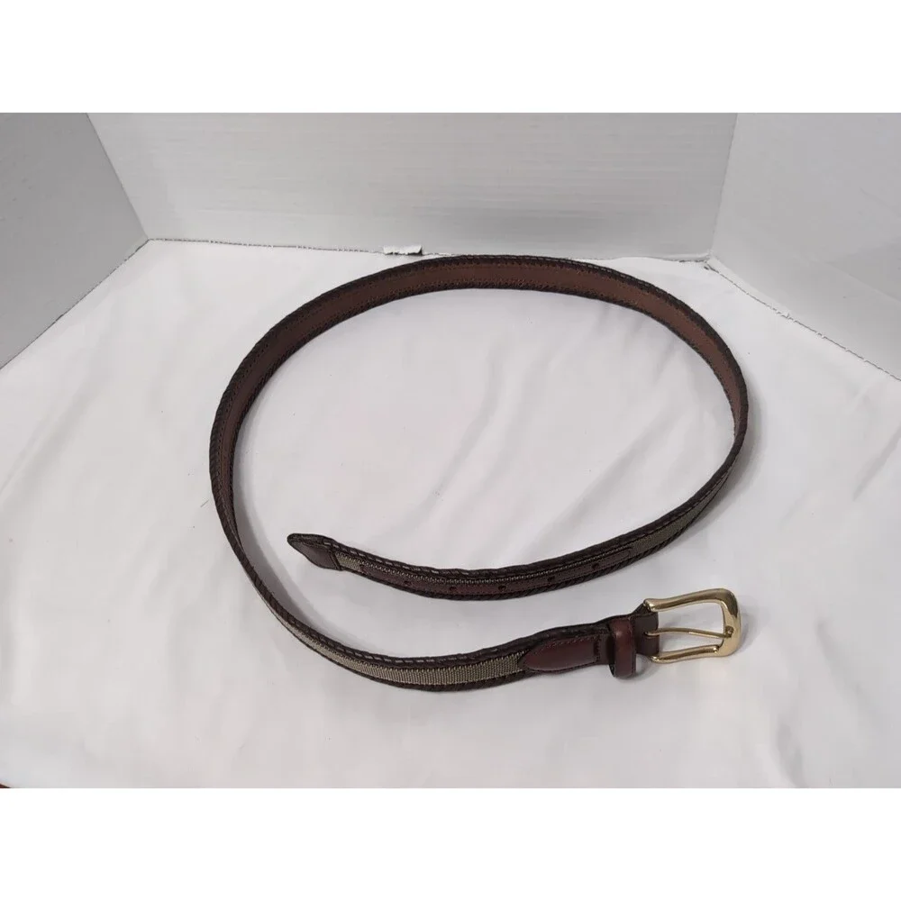 CUSTOM LEATHER BELT LEATHER And WOVEN CANVAS MENS SIZE 42 BROWN/TAN/BRASS